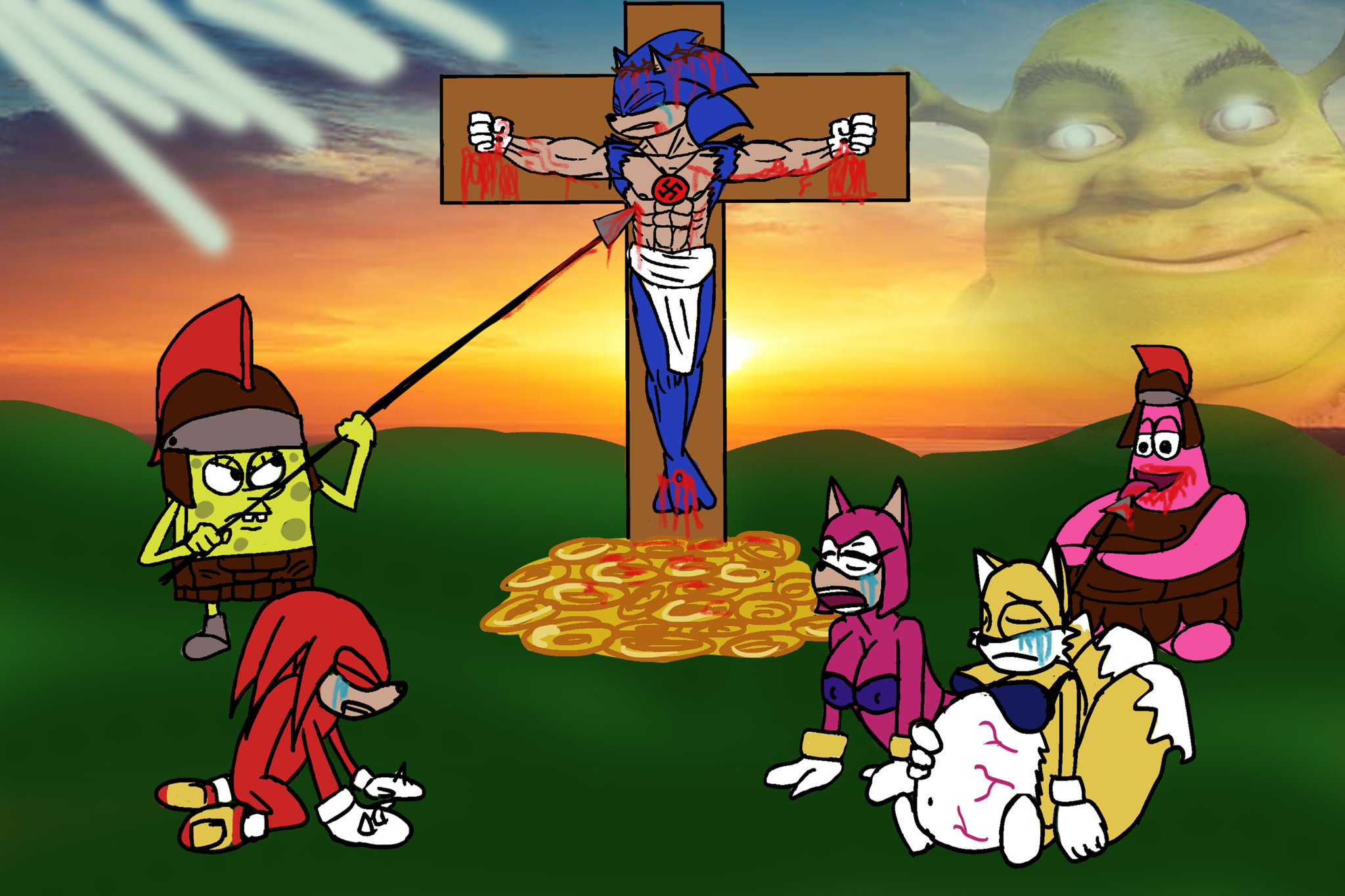Dimensional Tourist RazzleDazzleRootBeer on X: @FalconryFinance Here is Nazi  sonic being crucified, speared, and dropping his coins. Mpreg tails mourns.  I have no idea what Patrick is doing. https://t.co/BishSzfMtu / X